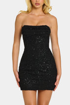 Chic Embellished Strapless Cowl Neck Mini Dress in Black