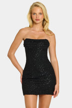 Chic Embellished Strapless Cowl Neck Mini Dress in Black