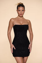 Chic Embellished Strapless Cowl Neck Mini Dress in Black
