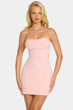 Chic Embellished Strapless Cowl Neck Mini Dress in Blush
