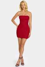 Chic Embellished Strapless Cowl-Neck Mini Dress in Rouge