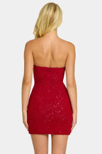 Chic Embellished Strapless Cowl-Neck Mini Dress in Rouge