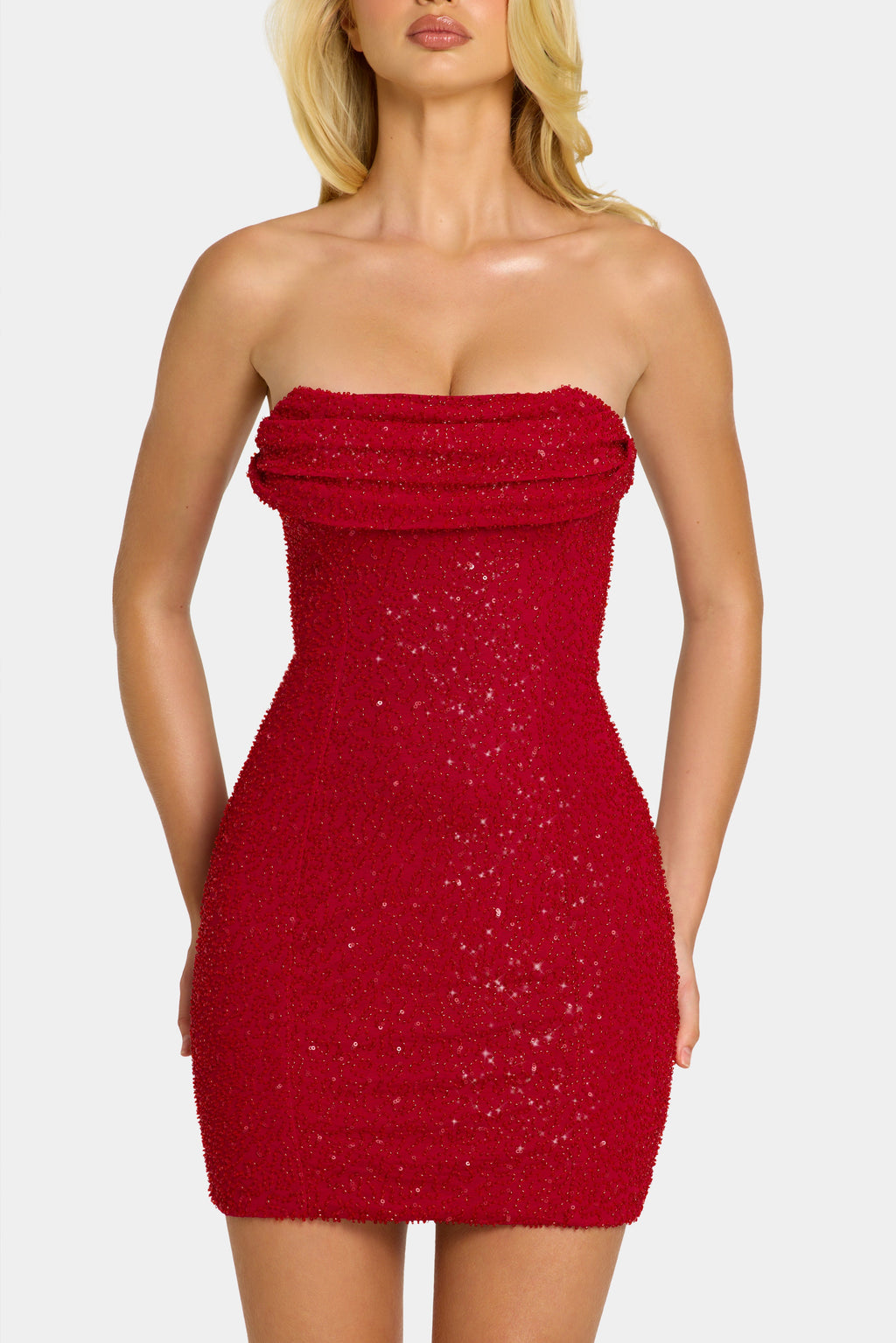 Chic Embellished Strapless Cowl-Neck Mini Dress in Rouge