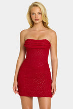 Chic Embellished Strapless Cowl-Neck Mini Dress in Rouge