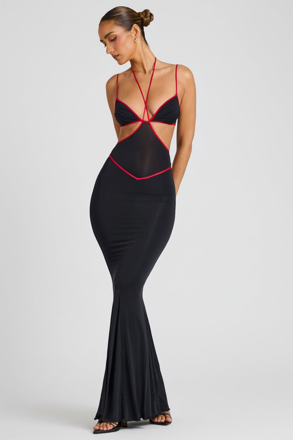 Chic Contrast Binding Cut Out Evening Gown in Black
