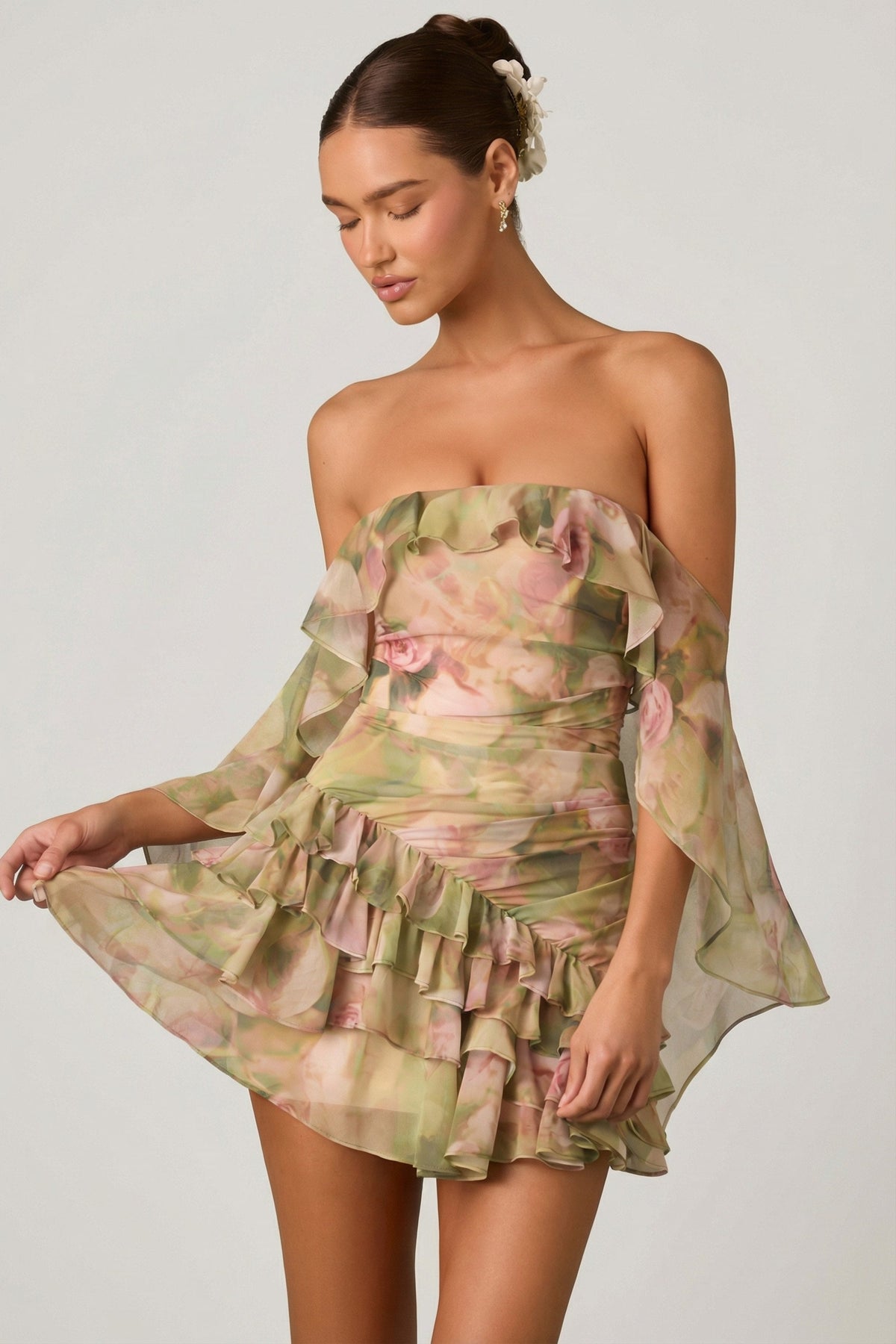 Chic Off-Shoulder Ruffled Mini Dress in Floral Multi Print