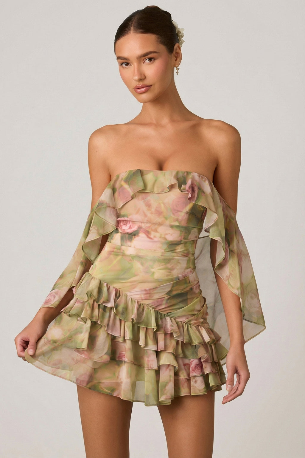 Chic Off-Shoulder Ruffled Mini Dress in Floral Multi Print