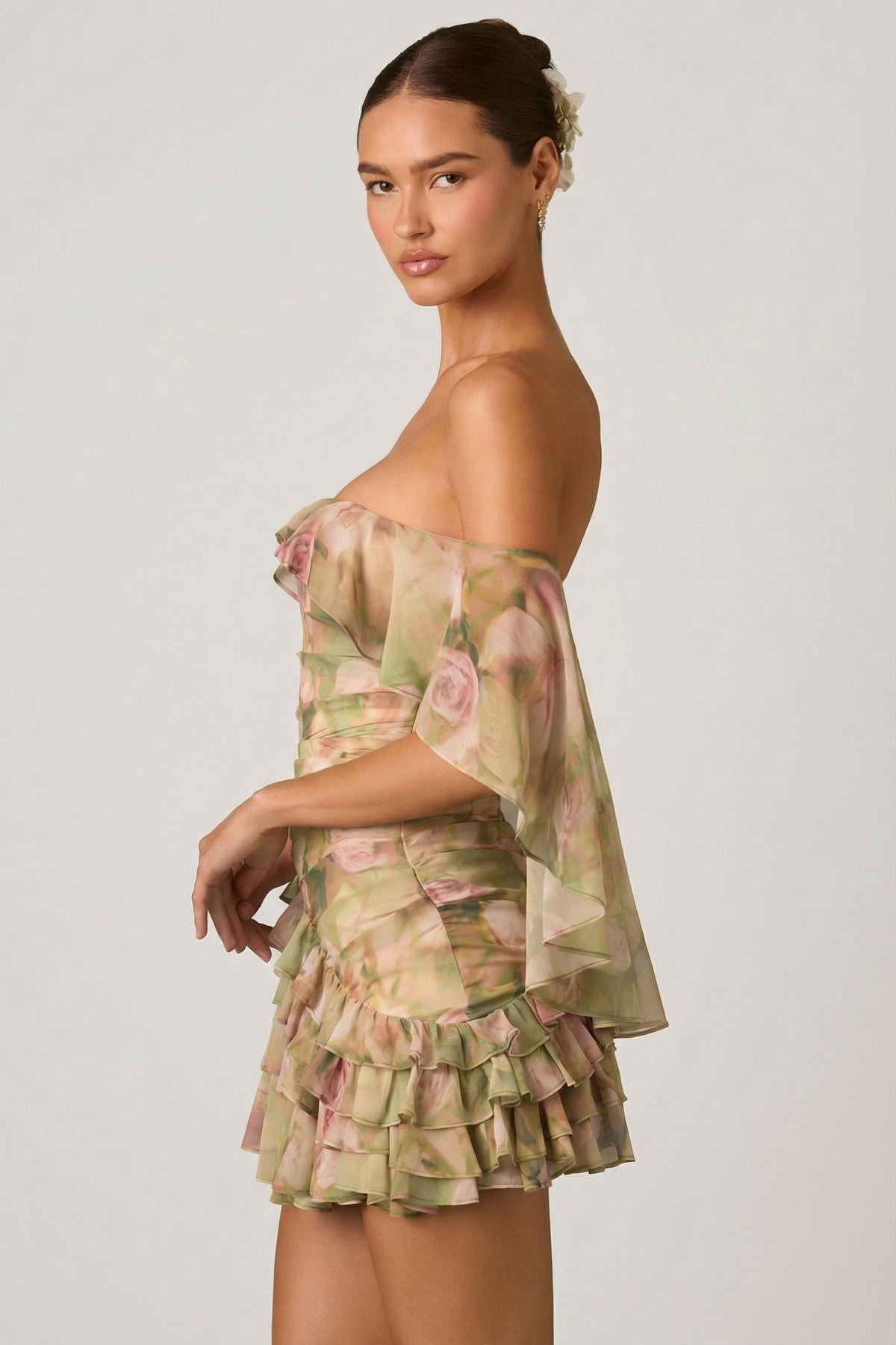Chic Off-Shoulder Ruffled Mini Dress in Floral Multi Print