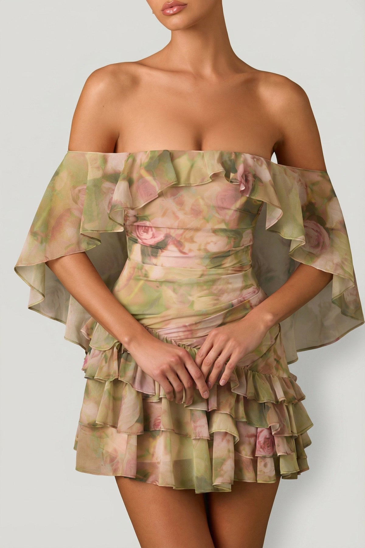 Chic Off-Shoulder Ruffled Mini Dress in Floral Multi Print