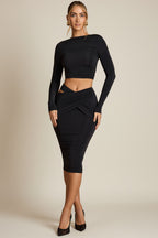 Chic Cut-Out Draped High-Rise Midi Skirt in Black