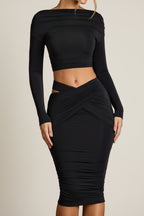 Chic Cut-Out Draped High-Rise Midi Skirt in Black