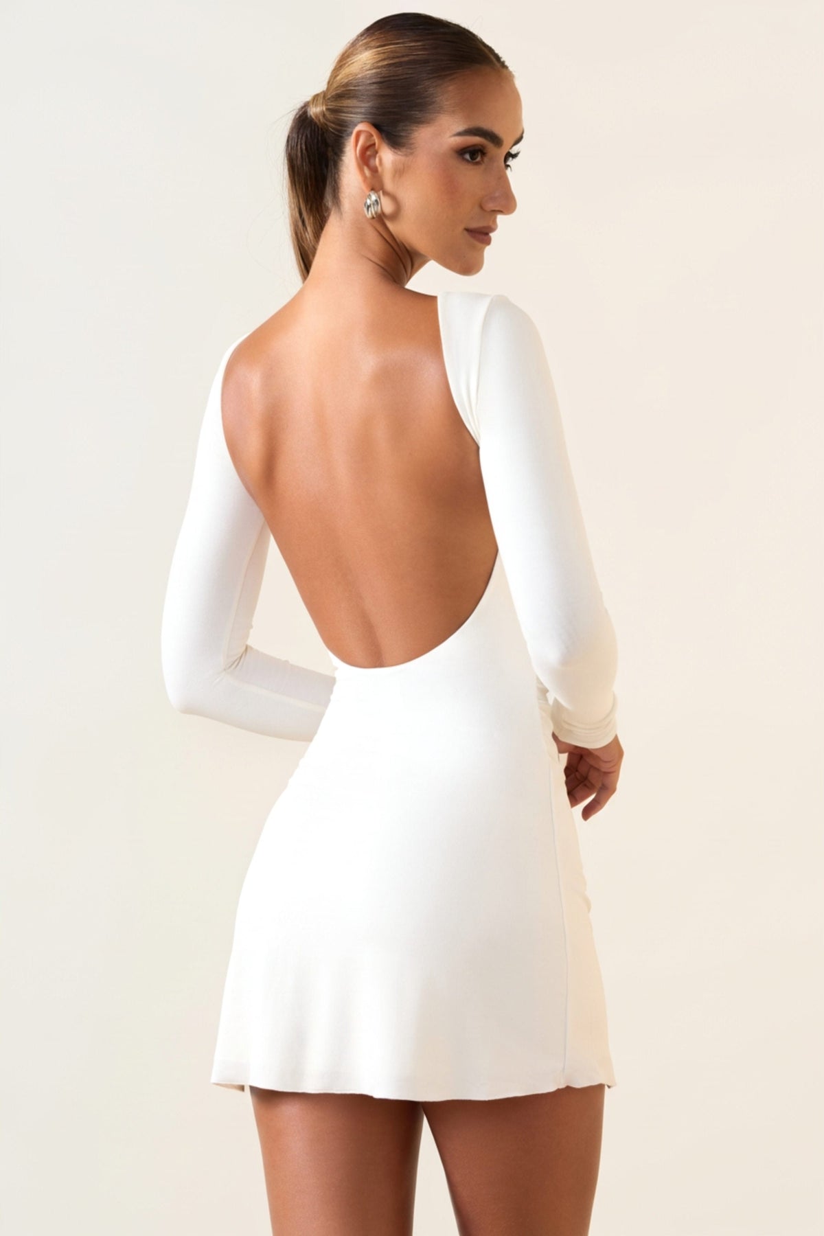 Chic Modal Ruched Open-Back Mini Dress in White