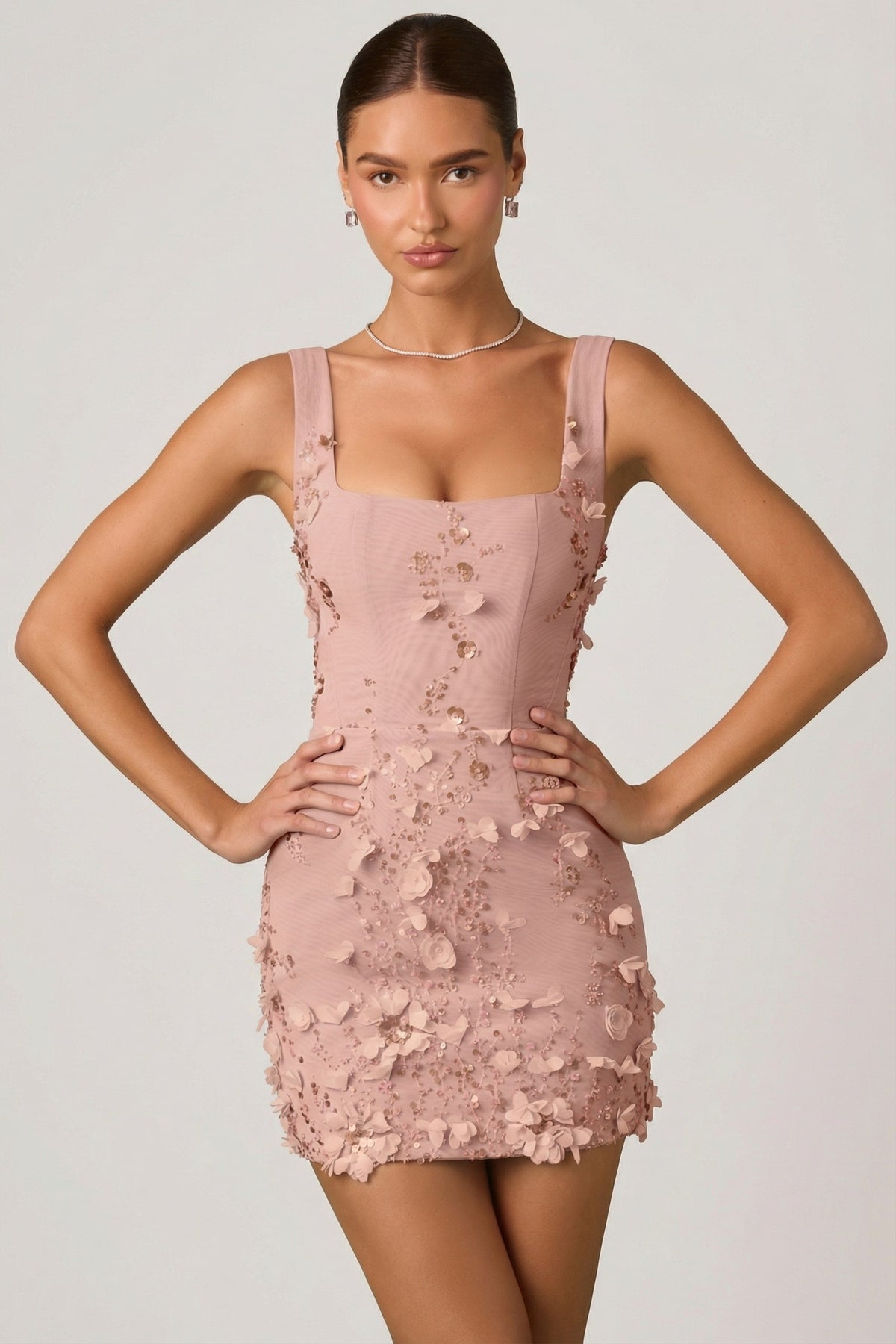 Chic Embellished Appliqué Corset Mini Dress in Dusty Rose