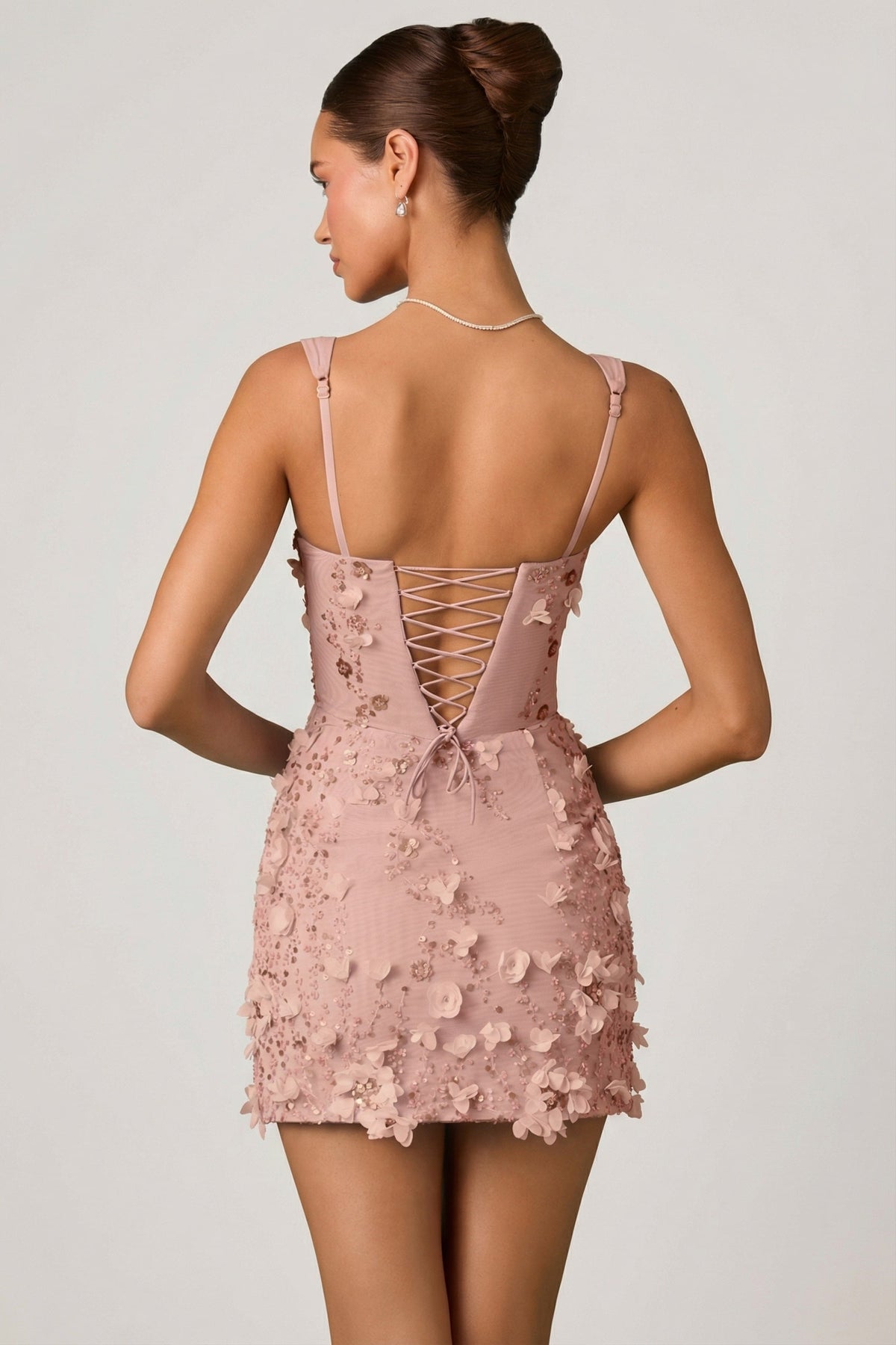 Chic Embellished Appliqué Corset Mini Dress in Dusty Rose