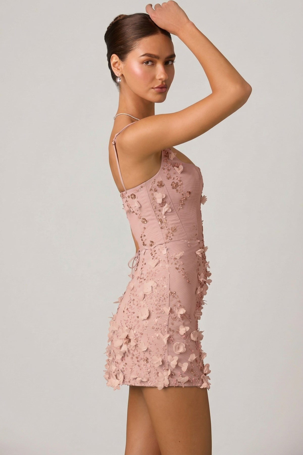 Chic Embellished Appliqué Corset Mini Dress in Dusty Rose