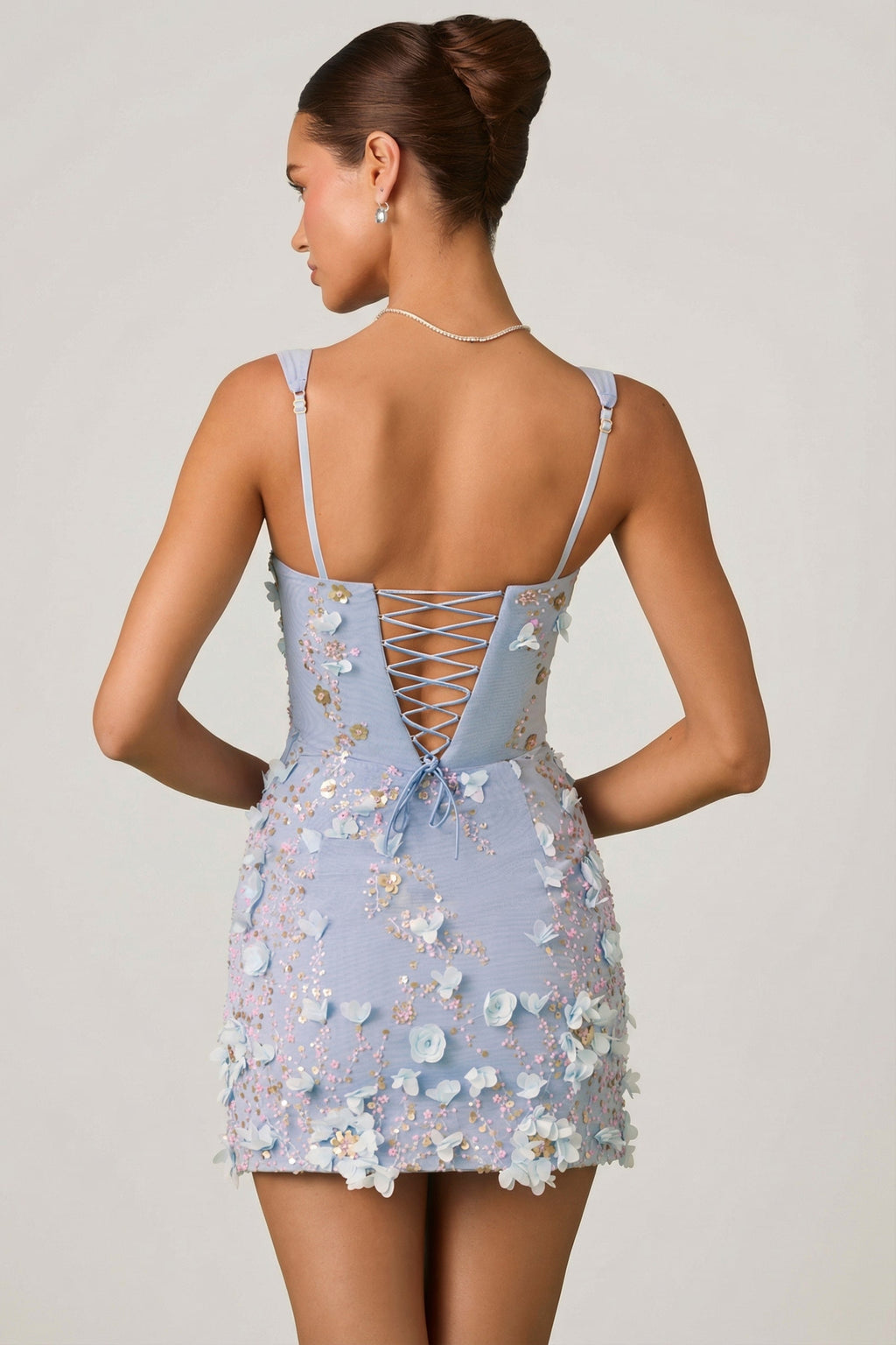 Chic Embellished Appliqué Corset Mini Dress in Sky Blue