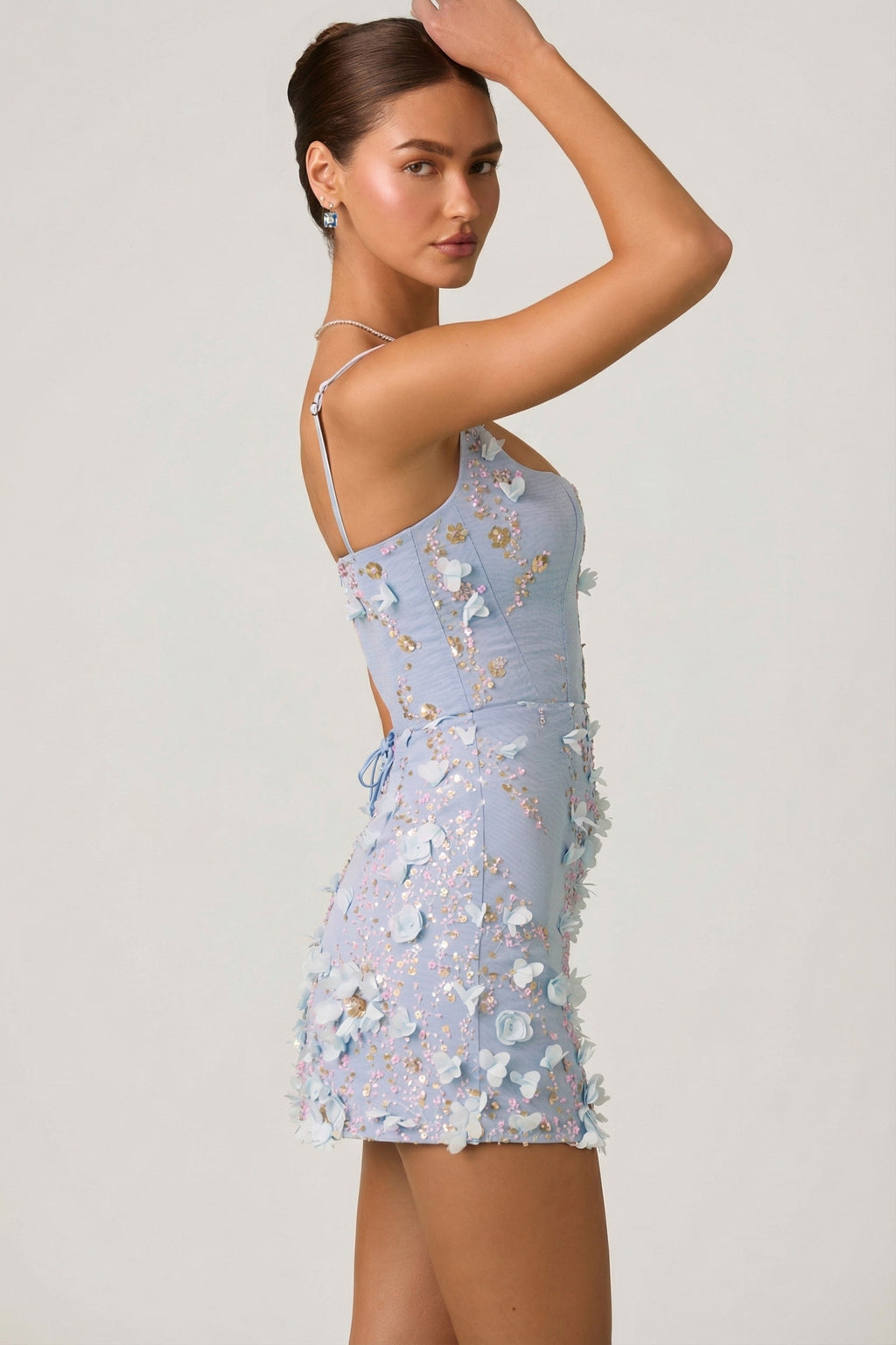 Chic Embellished Appliqué Corset Mini Dress in Sky Blue