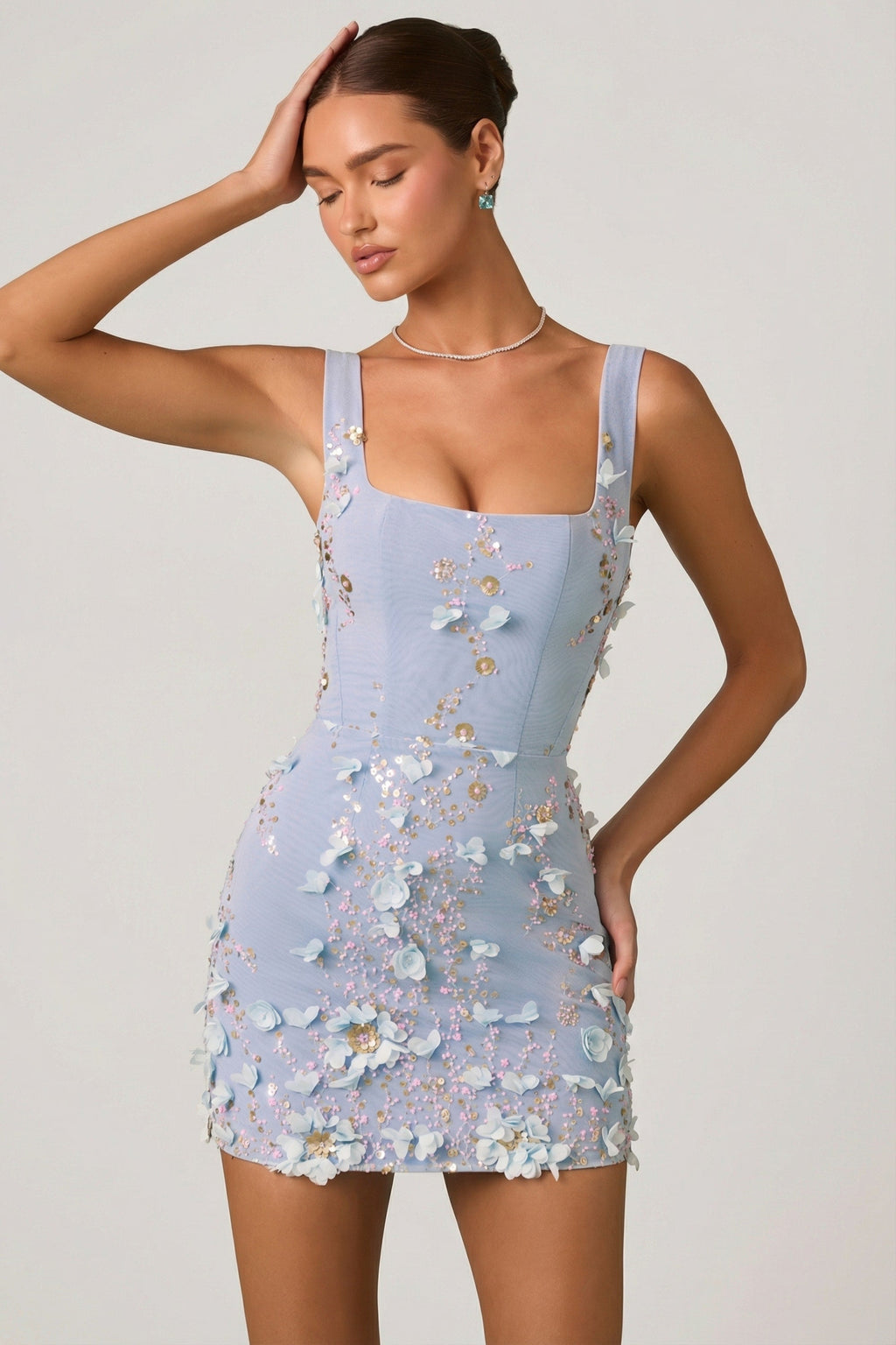 Chic Embellished Appliqué Corset Mini Dress in Sky Blue