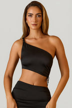 Chic Ruched Asymmetric Crop Top in Black
