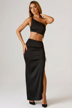 Chic Ruched Asymmetric Crop Top in Black