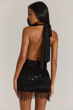 Chic Fringed Skirt Halterneck Mini Dress in Black
