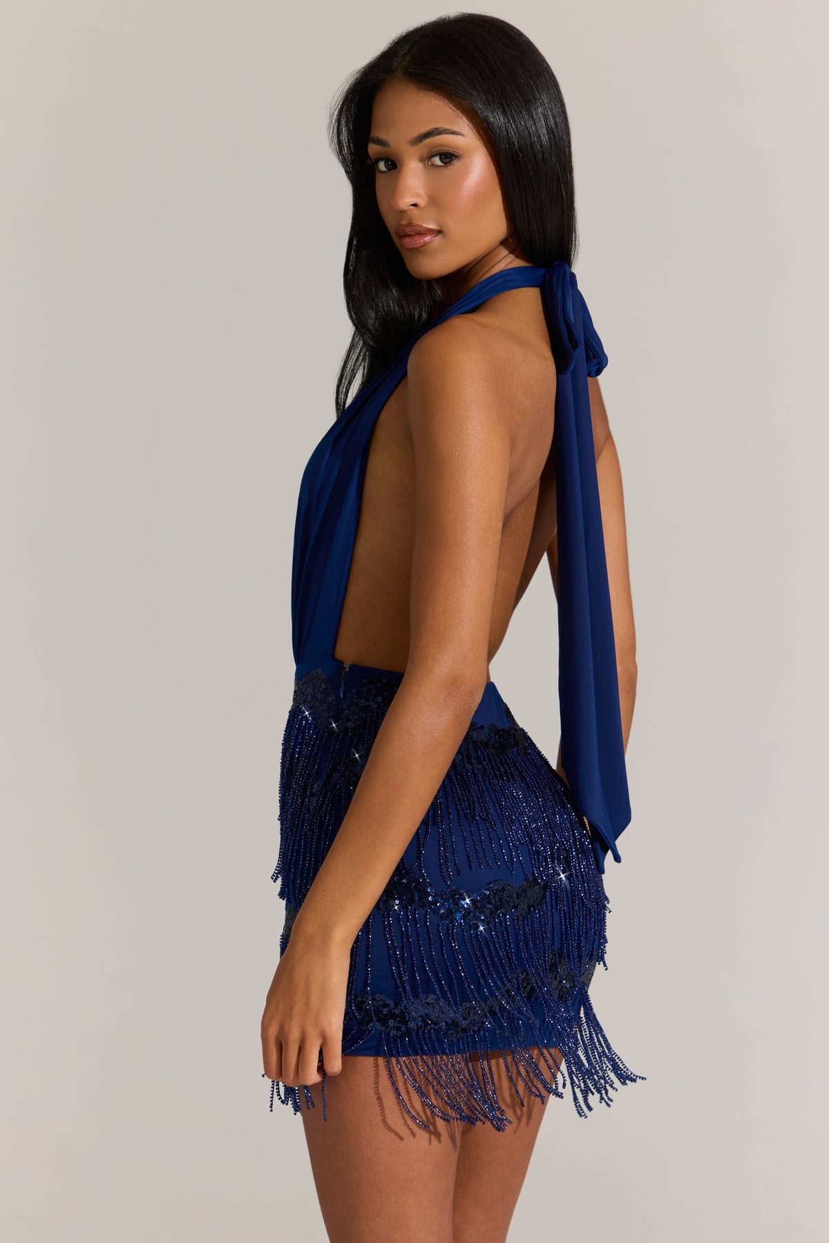 Chic Fringed Skirt Halterneck Mini Dress in Cobalt Blue