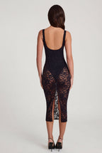 Chic Sheer Lace Scalloped Plunge Bodysuit Midaxi Dress in Black