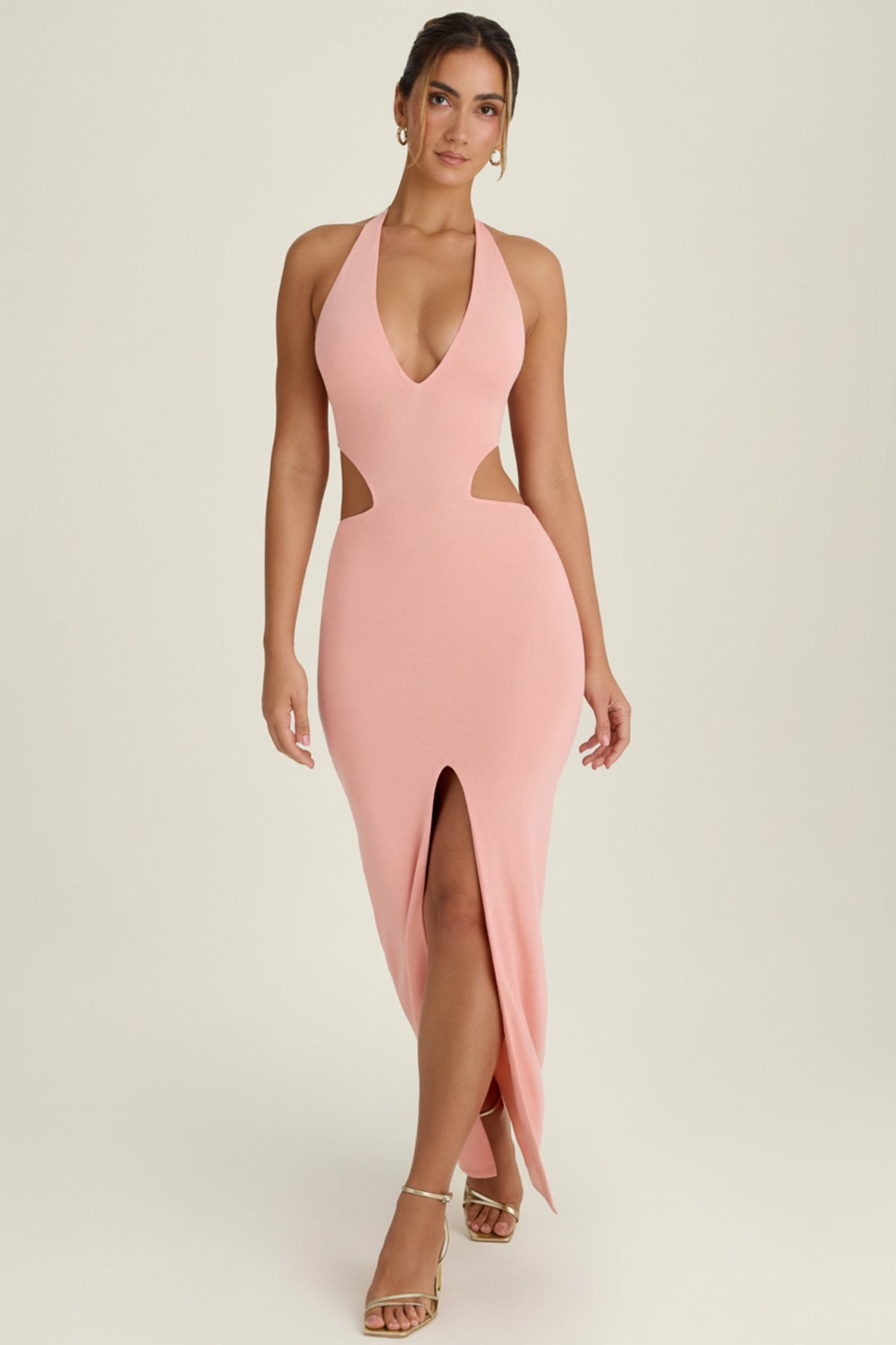 Chic Cut-Out Halterneck Maxi Dress in Apricot Pink