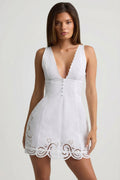 Chic Cutwork Cotton-Poplin A-Line Mini Dress in White