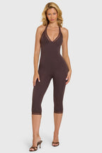 Chic Modal Lace-Trim Capri Jumpsuit in Chocolate