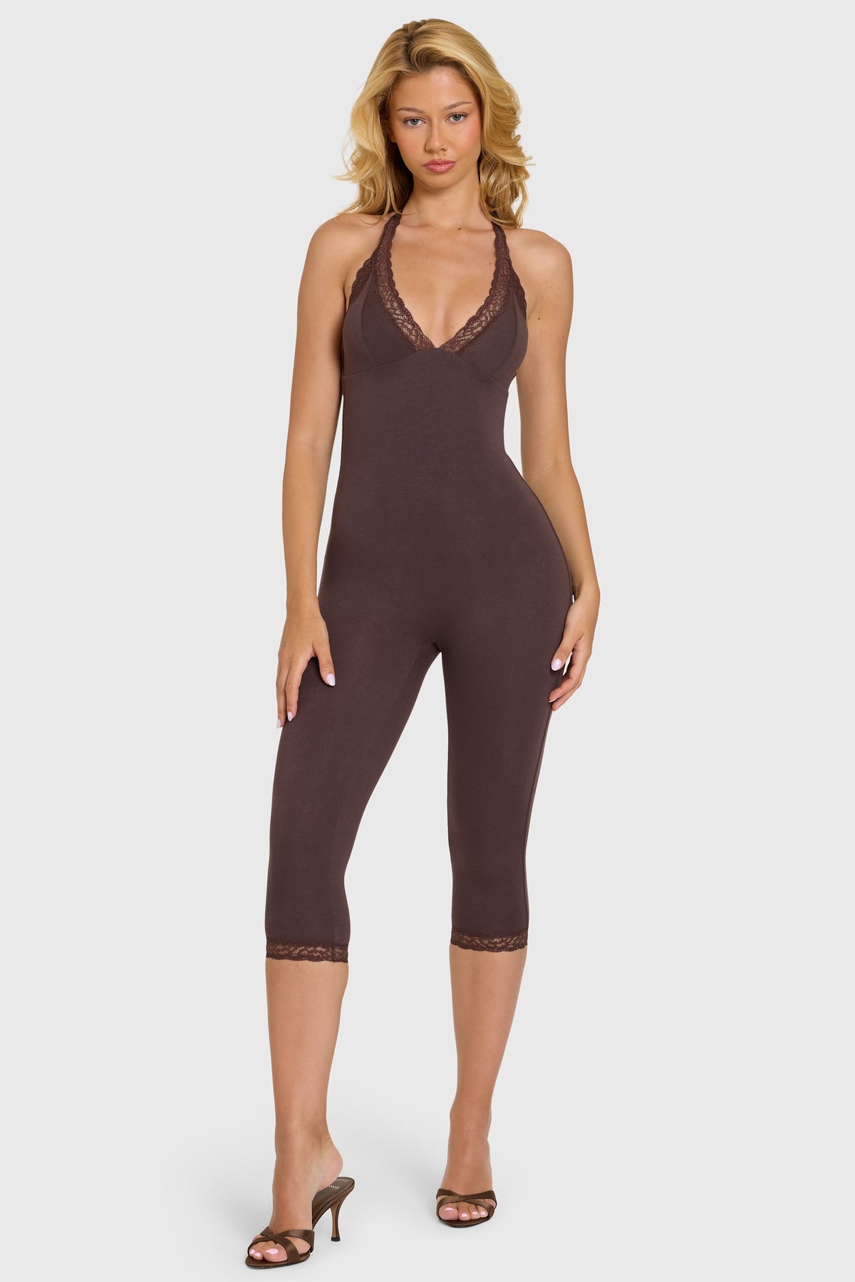 Chic Modal Lace-Trim Capri Jumpsuit in Chocolate