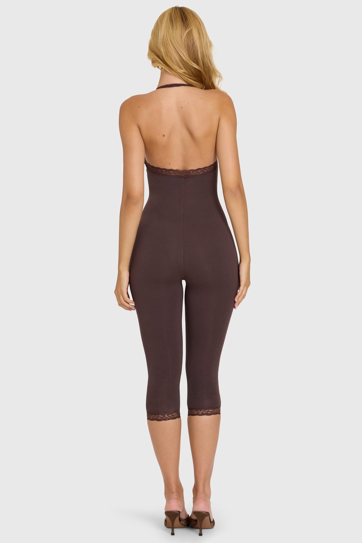 Chic Modal Lace-Trim Capri Jumpsuit in Chocolate
