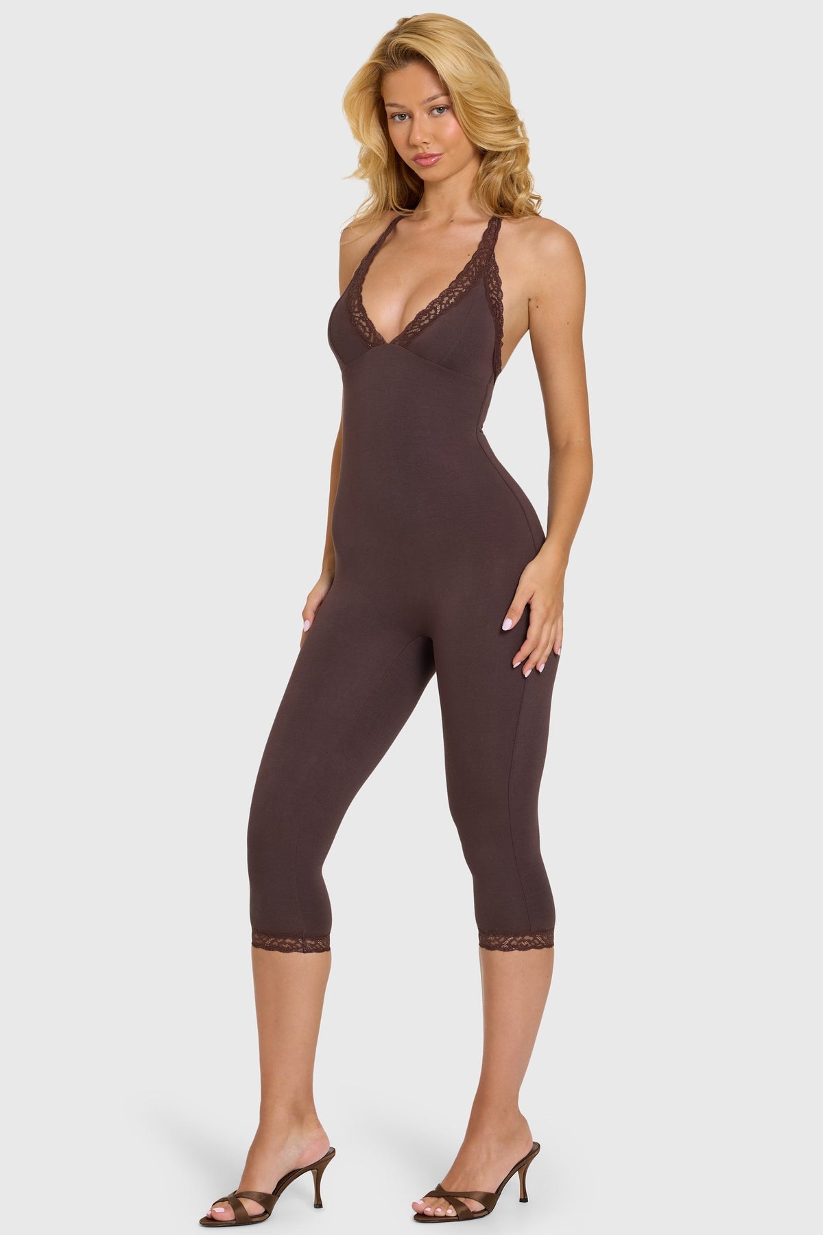 Chic Modal Lace-Trim Capri Jumpsuit in Chocolate