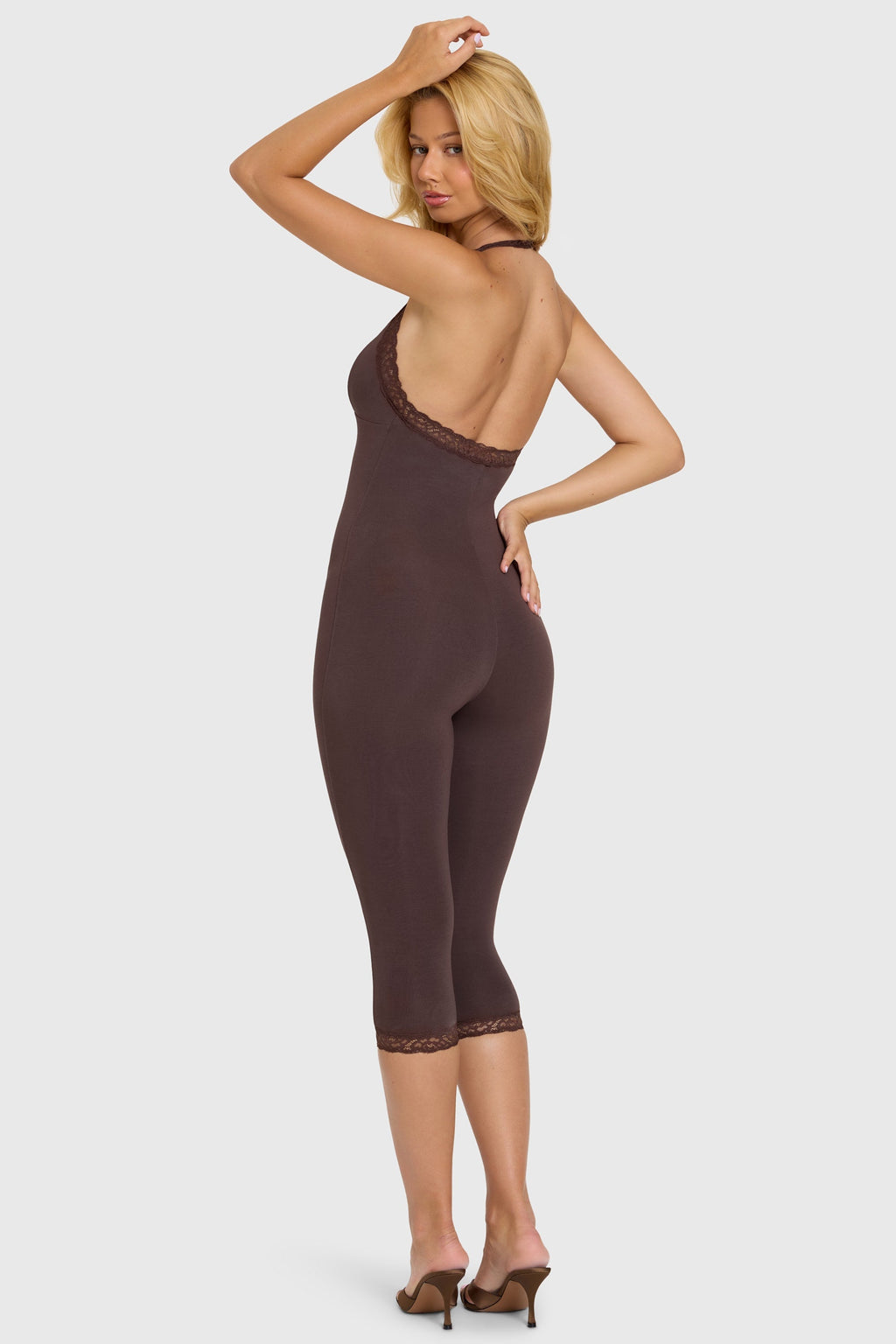 Chic Modal Lace-Trim Capri Jumpsuit in Chocolate