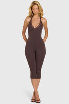 Chic Modal Lace-Trim Capri Jumpsuit in Chocolate