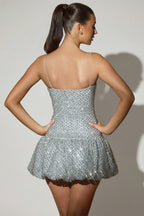 Chic Embellished Bubble Hem Mini Dress in Silver