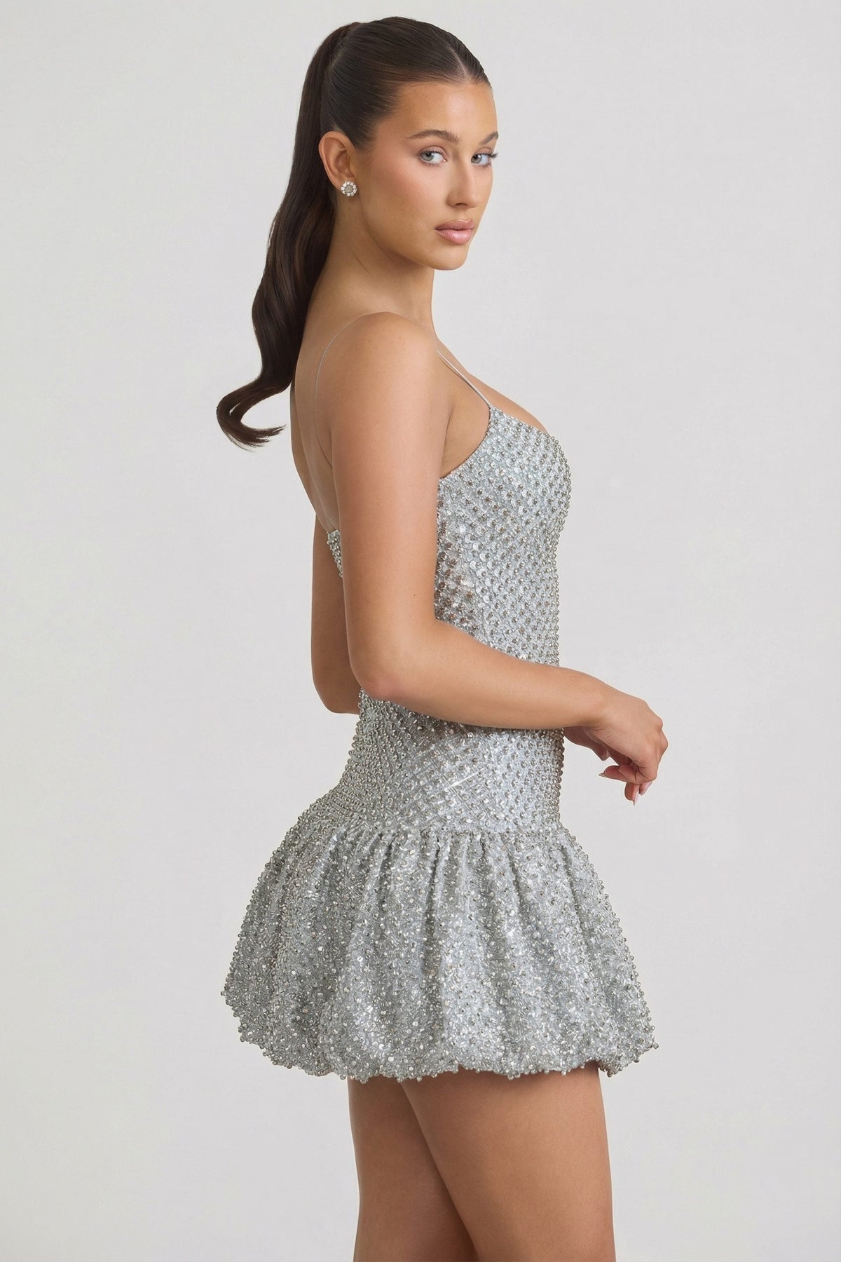 Chic Embellished Bubble Hem Mini Dress in Silver