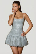 Chic Embellished Bubble Hem Mini Dress in Silver