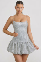 Chic Embellished Bubble Hem Mini Dress in Silver
