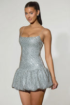Chic Embellished Bubble Hem Mini Dress in Silver