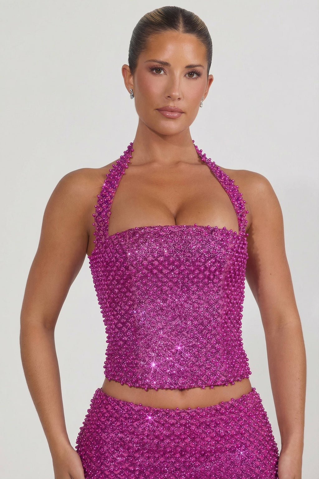 Chic Embellished Halterneck Corset Top in Magenta