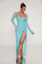Chic Embellished Cowl Neck Maxi Dress in Aquamarine