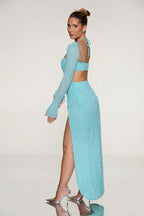 Chic Embellished Cowl Neck Maxi Dress in Aquamarine