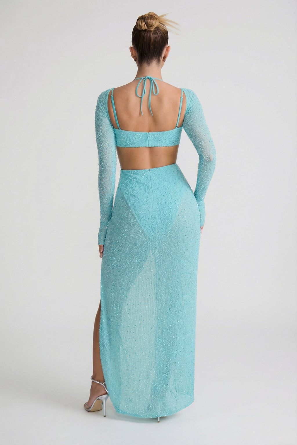 Chic Embellished Cowl Neck Maxi Dress in Aquamarine