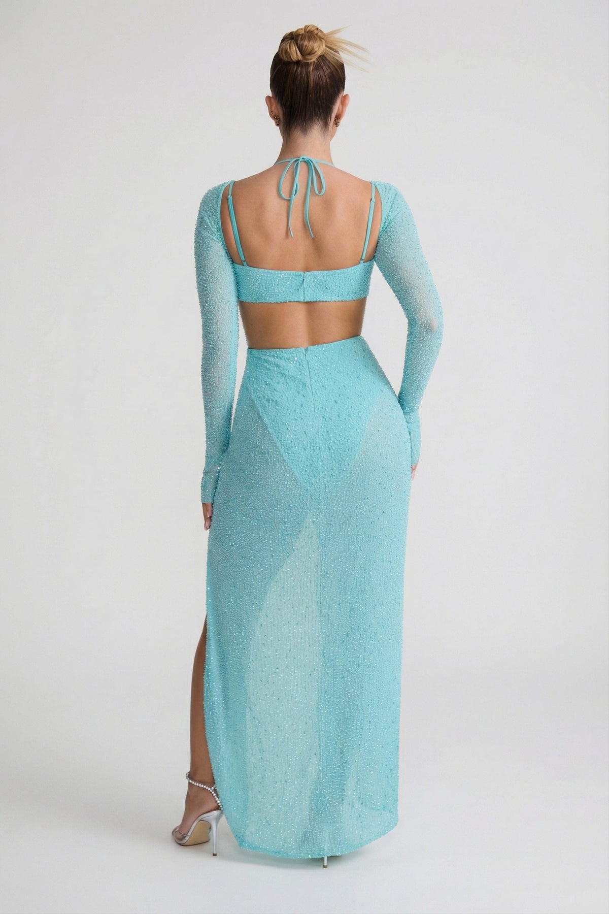 Chic Embellished Cowl Neck Maxi Dress in Aquamarine