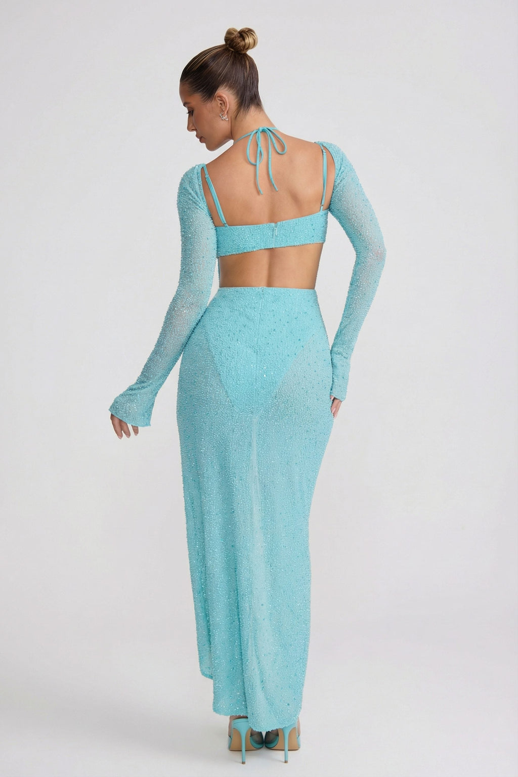 Chic Embellished Cowl Neck Maxi Dress in Aquamarine