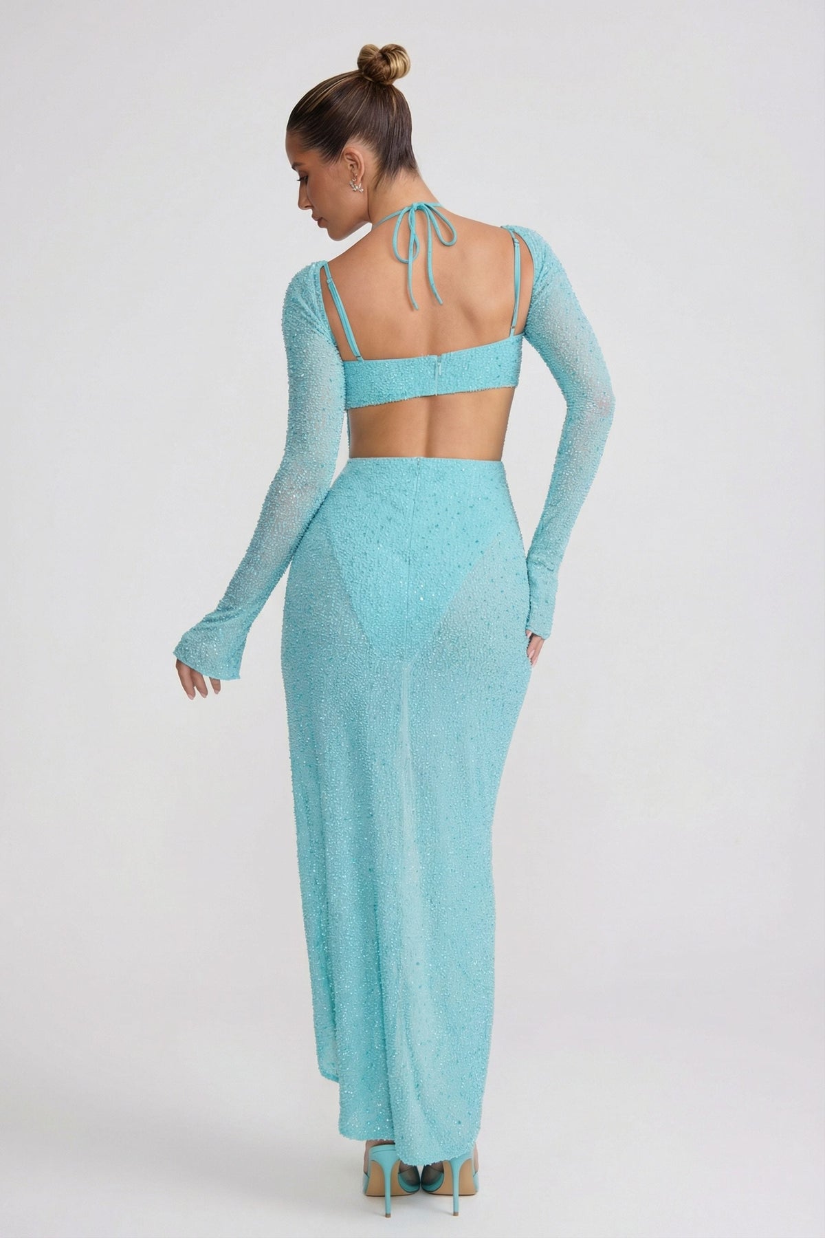 Chic Embellished Cowl Neck Maxi Dress in Aquamarine