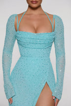 Chic Embellished Cowl Neck Maxi Dress in Aquamarine