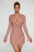 Chic Embellished Wrap Over A-Line Mini Dress in Beige