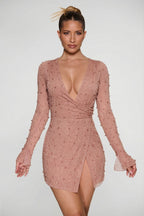 Chic Embellished Wrap Over A-Line Mini Dress in Beige